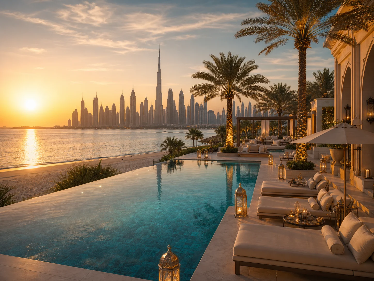 Dubai beachfront resort at golden hour